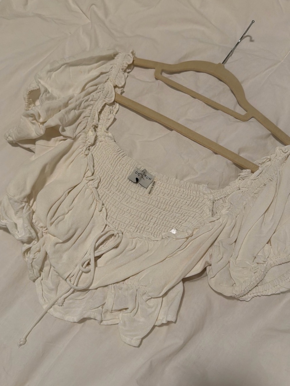 Urban Outfitters Cream Smocked Ruffle Crop Top